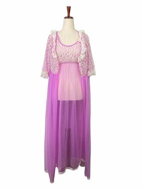 Belle Smith Vintage Purple Pink Lace Chiffon Peignoir Nightgown Robe Dress Set S